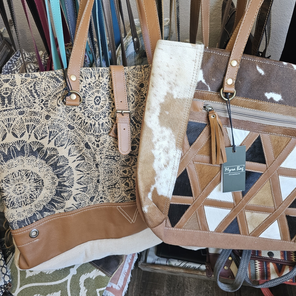 Mona B Tan and Brown Tote Bags with Unique Patterns